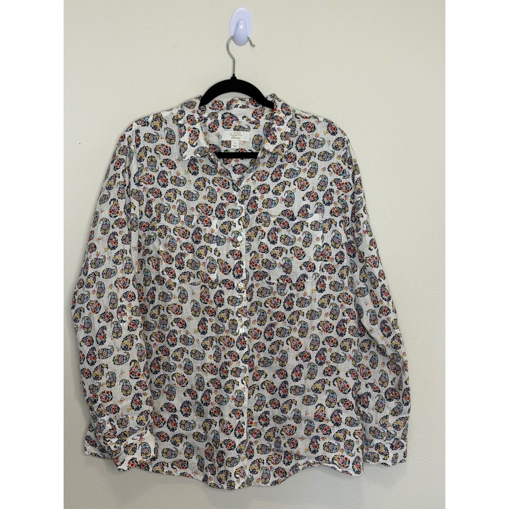Charter Club Luxury Women's Linen Paisley Floral Button Down Shirt White Sz XL